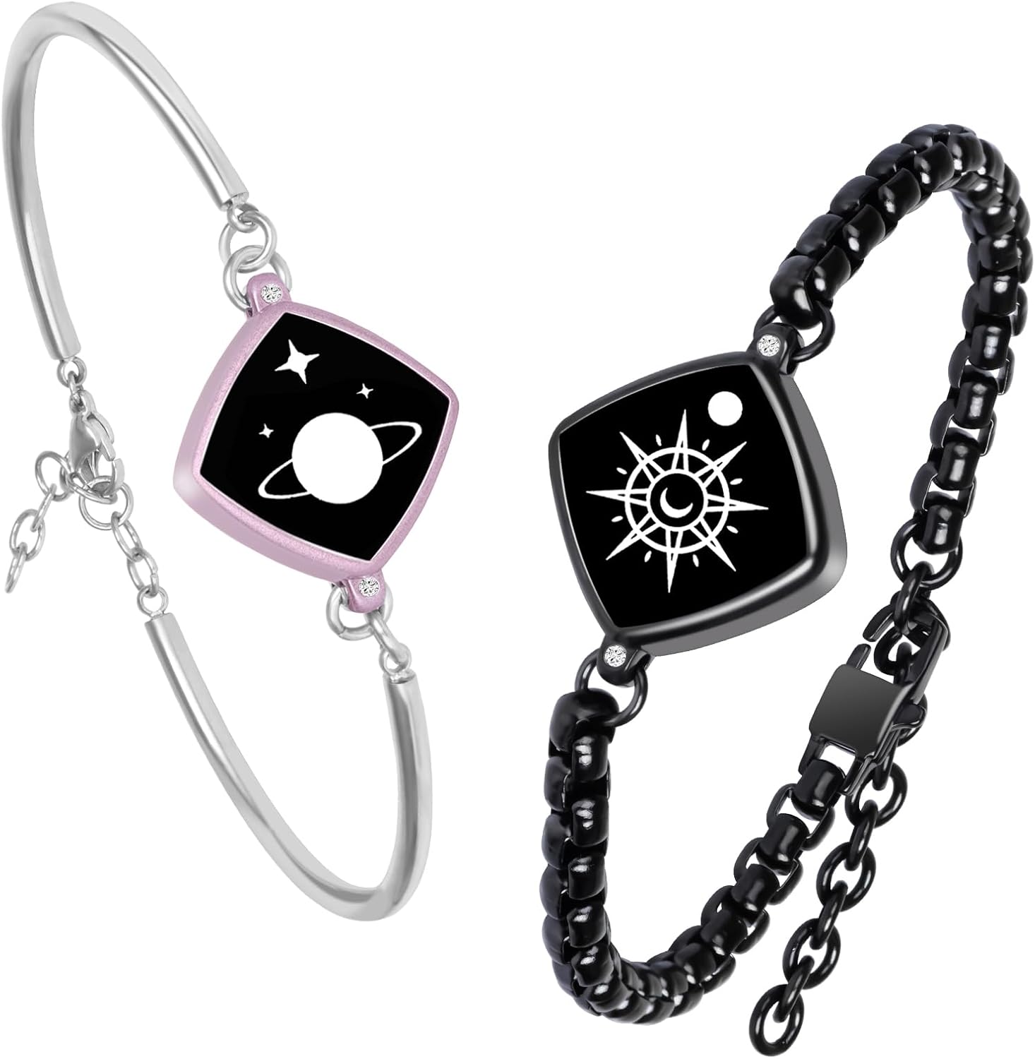 Dacida Long Distance Touch Bracelets Jewelry Set, Remote Smart Connection Love Bracelet,Send SOS SMS, Relationship Bracelets Moon Star for Couples Lovers Family Friends Festivals Valentine's Day Gifts Pink