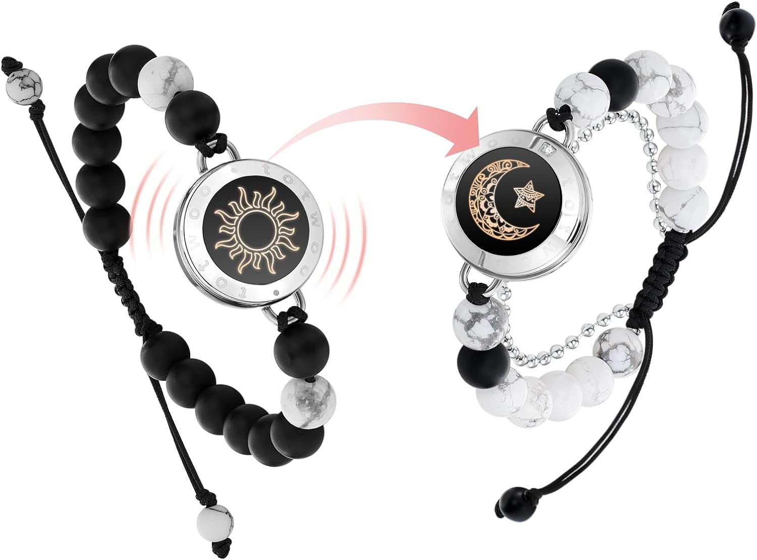 Dacida Couple Bracelet Couple Gifts Partner Bracelets with Touch Long Distance Relationship Gift for Long Distances Couple Love Gifts Vibration & Light Up Bluetooth Pairing Jewellery, Sun and Moon