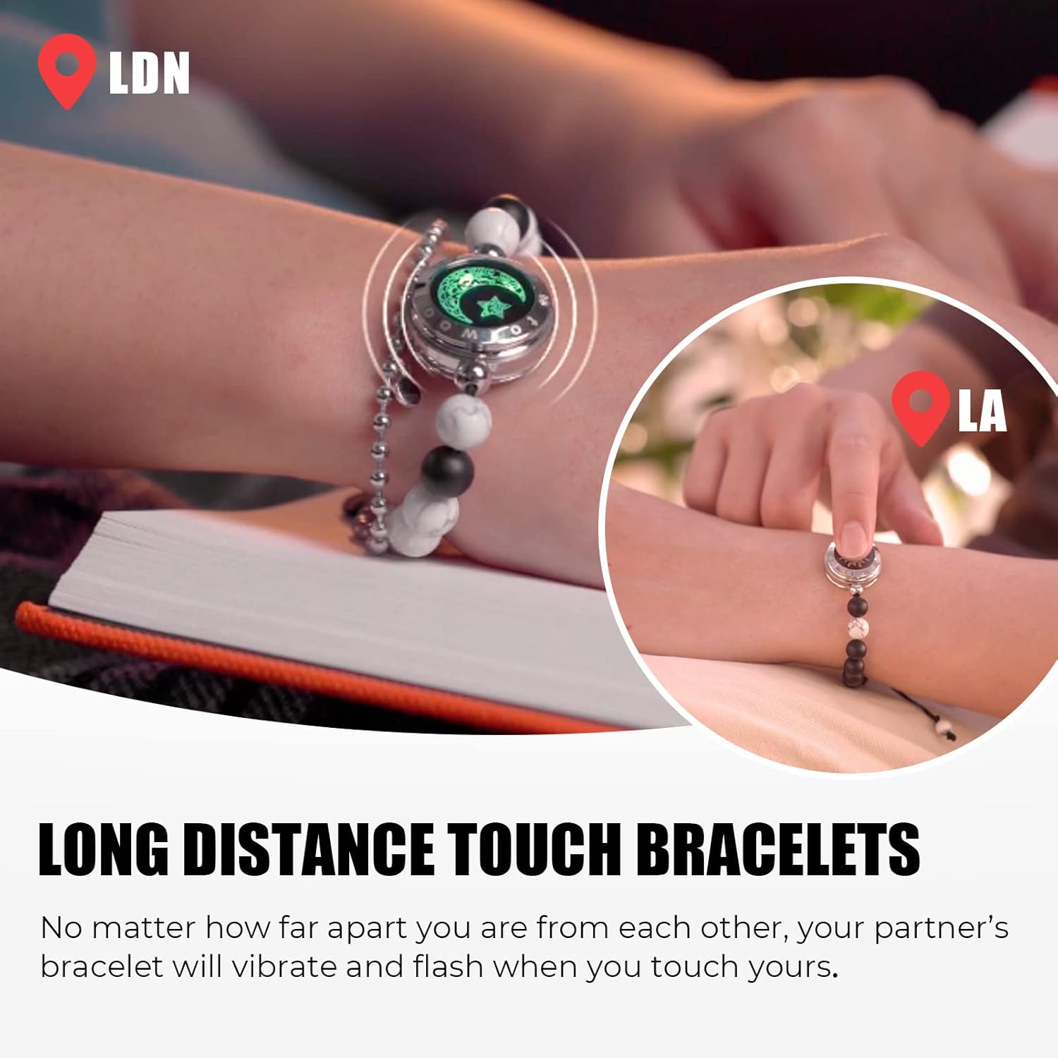Dacida Couple Bracelet Couple Gifts Partner Bracelets with Touch Long Distance Relationship Gift for Long Distances Couple Love Gifts Vibration & Light Up Bluetooth Pairing Jewellery, Sun and Moon
